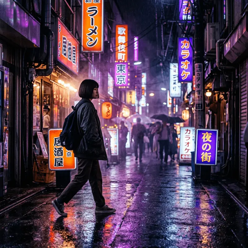 Seedance AI video generator interface showing a cinematic AI-generated video of a woman walking through neon-lit Tokyo streets at night — powered by the Seedance model